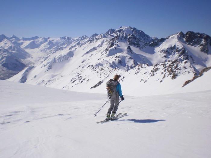 Skiing the Murchison faces of the Liebigs.. Mt Tamaki and Mt Hutton in background