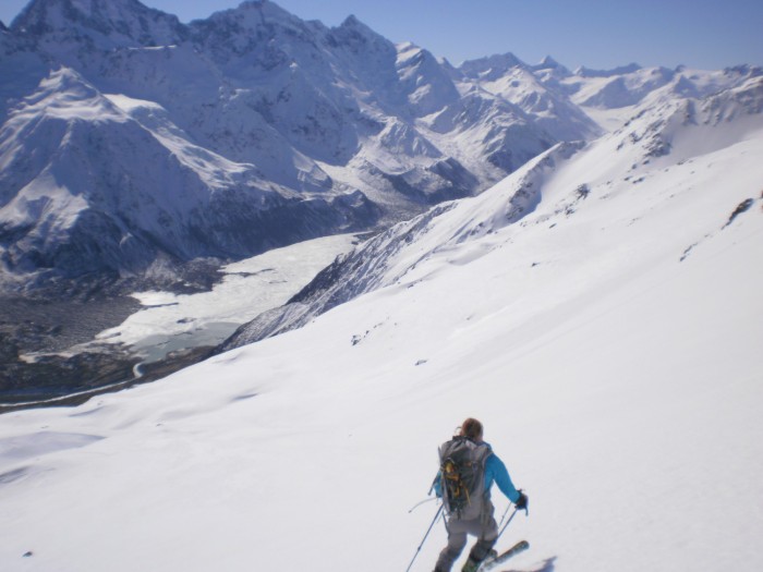 Skiing down the western faces of the Liebig range, Murchison Gl in background