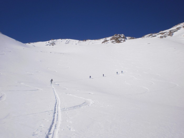 Ski touring back up tho the ridge from the west, heading to point just south of Rutherford Pass