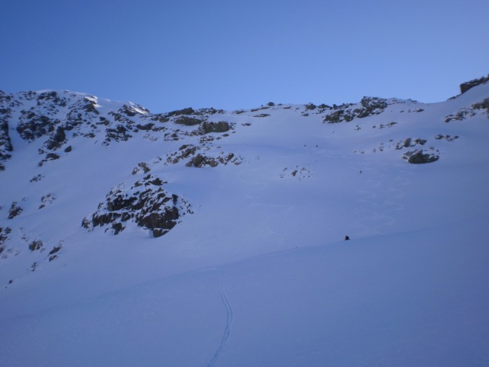 Skiing down into the Cass Valley from point just south of Rutherford Pass